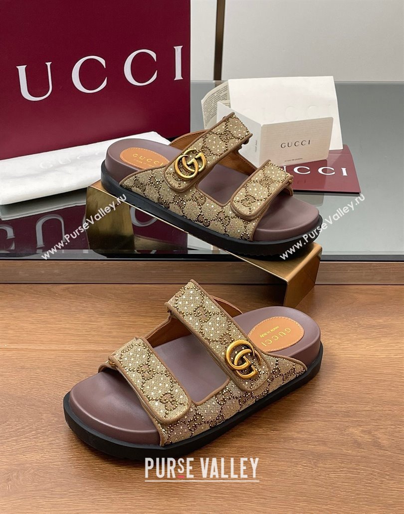 Gucci GG Canvas and Strass Flat Slides Sandal with Double G Beige 2025 GG02281 (MD-250228051)