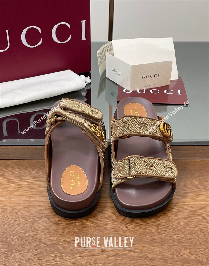 Gucci GG Canvas and Strass Flat Slides Sandal with Double G Beige 2025 GG02281 (MD-250228051)