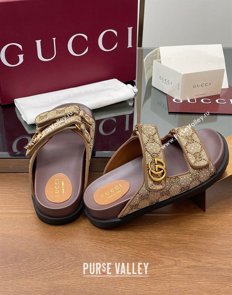 Gucci GG Canvas and Strass Flat Slides Sandal with Double G Beige 2025 GG02281 (MD-250228051)