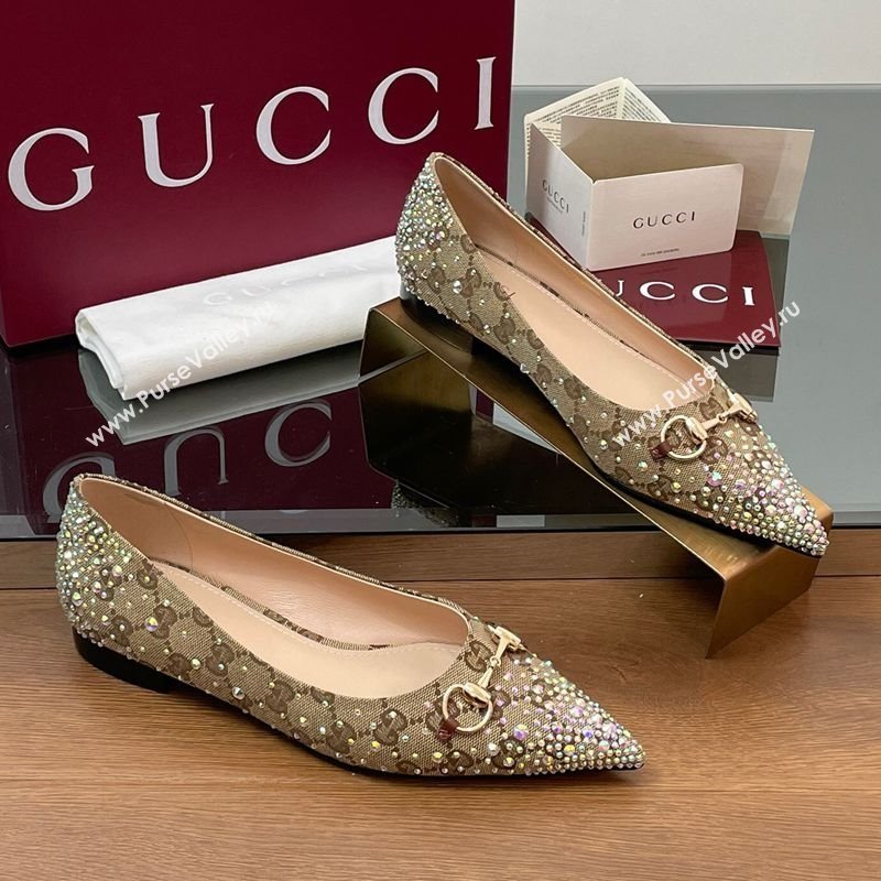 Gucci Horsebit Ballet Flats in GG Canvas with Strass Beige/Brown 2025 812176 (MD-250228035)