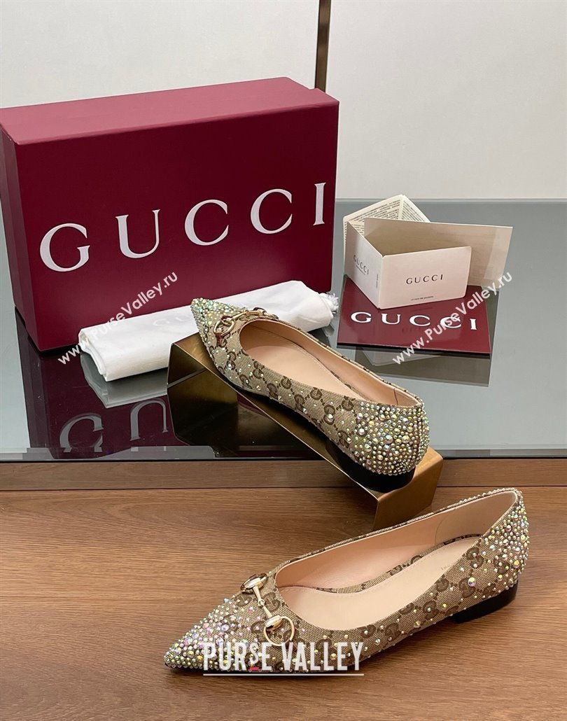 Gucci Horsebit Ballet Flats in GG Canvas with Strass Beige/Brown 2025 812176 (MD-250228035)