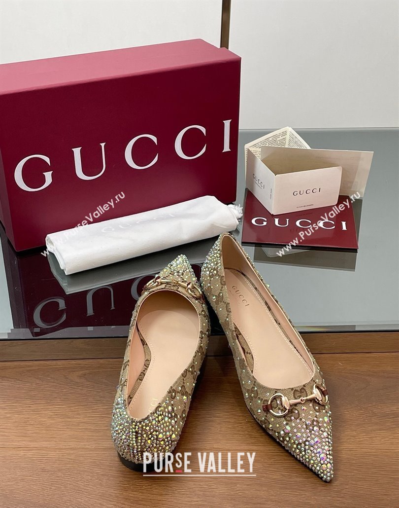 Gucci Horsebit Ballet Flats in GG Canvas with Strass Beige/Brown 2025 812176 (MD-250228035)