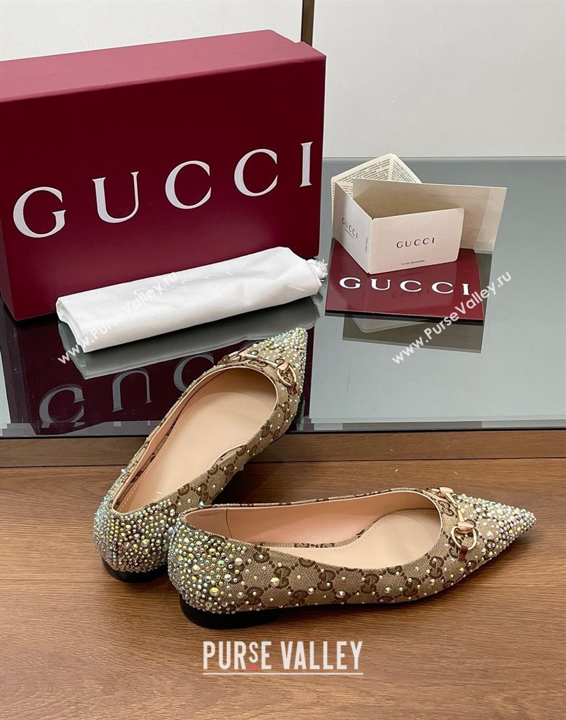 Gucci Horsebit Ballet Flats in GG Canvas with Strass Beige/Brown 2025 812176 (MD-250228035)