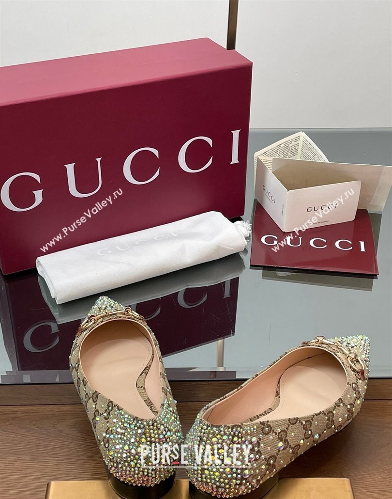 Gucci Horsebit Ballet Flats in GG Canvas with Strass Beige/Brown 2025 812176 (MD-250228035)