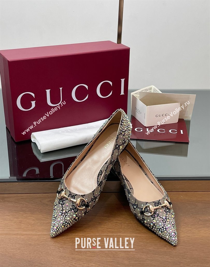 Gucci Horsebit Ballets Flats in GG Canvas with Strass Beige/Blue 2025 812176 (MD-250228036)