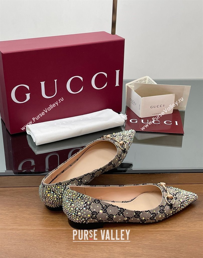 Gucci Horsebit Ballets Flats in GG Canvas with Strass Beige/Blue 2025 812176 (MD-250228036)