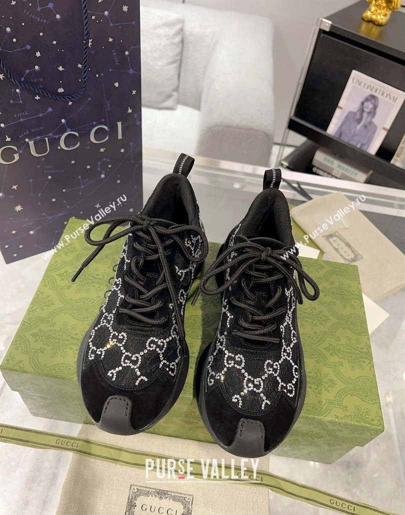 Gucci Run Sneakers in Strass GG Mesh and Suede Black 2025 0227 (MD-250227119)