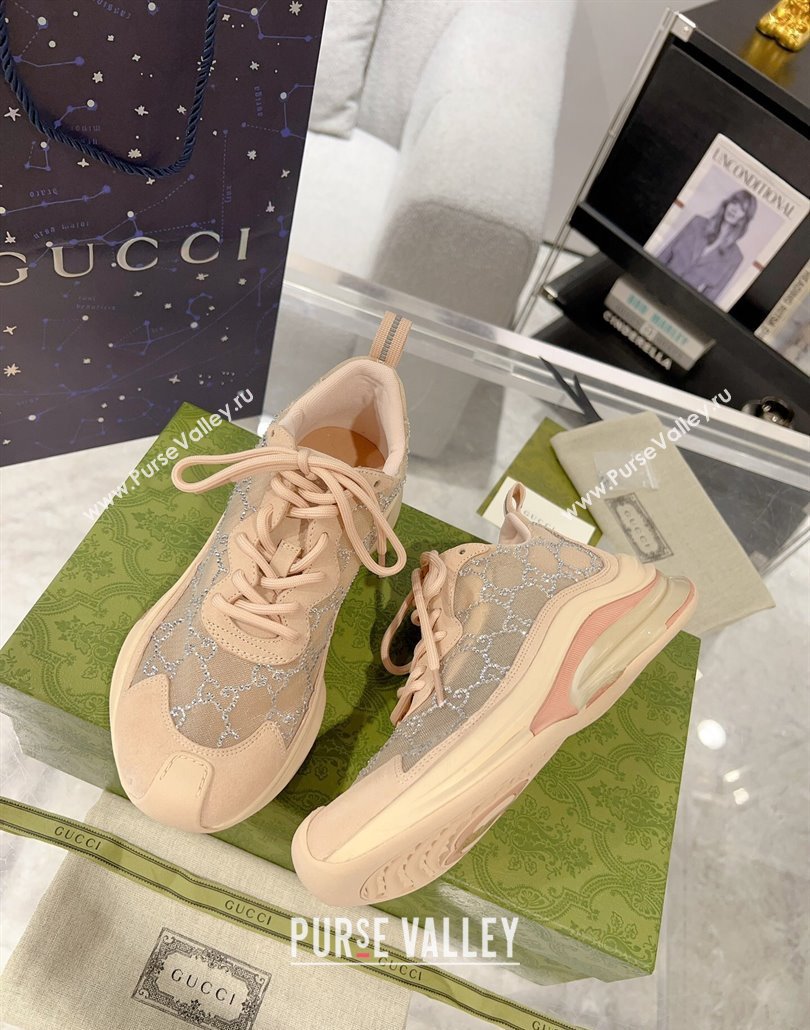 Gucci Run Sneakers in Strass GG Mesh and Suede Nude 2025 0227 (MD-250227121)