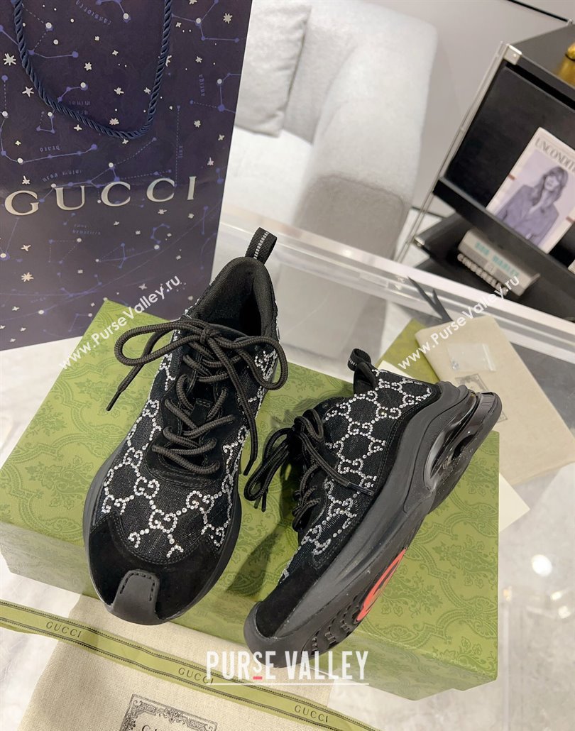 Gucci Run Sneakers in Strass GG Mesh and Suede Black 2025 0227 (MD-250227119)