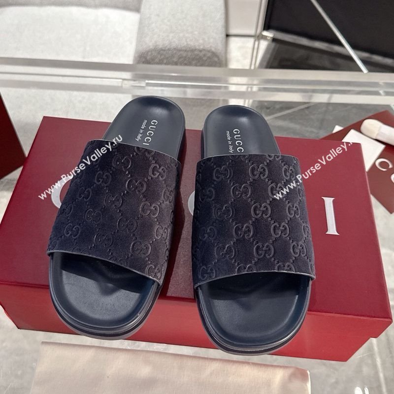 Gucci GG Suede Flat Slides Sandal with Wide Strap Dark Blue 2025 ‎834941 (MD-250423094)