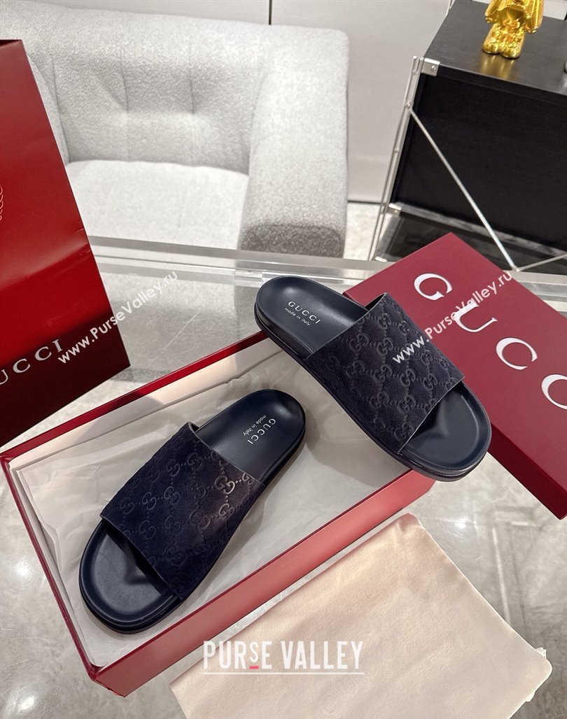 Gucci GG Suede Flat Slides Sandal with Wide Strap Dark Blue 2025 ‎834941 (MD-250423094)