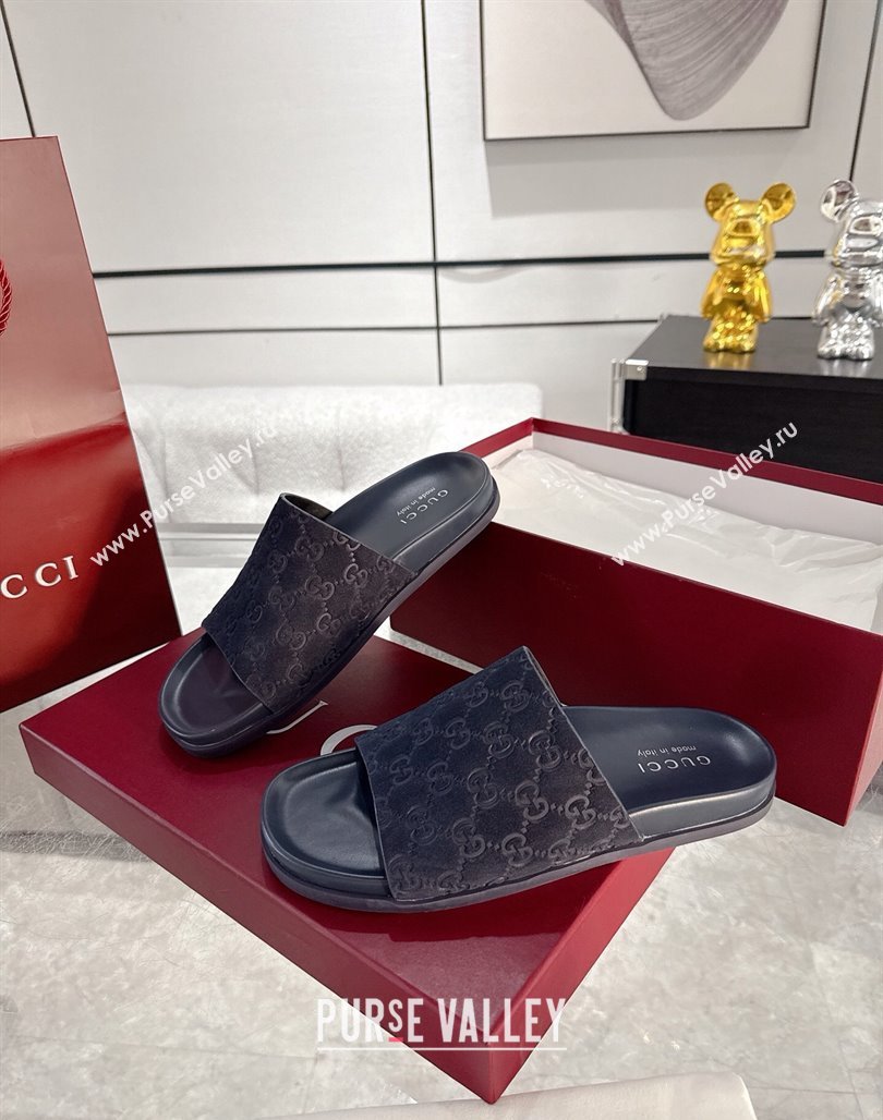 Gucci GG Suede Flat Slides Sandal with Wide Strap Dark Blue 2025 ‎834941 (MD-250423094)