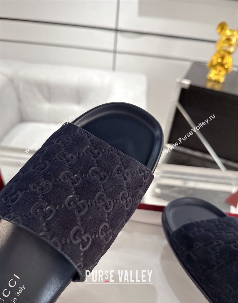 Gucci GG Suede Flat Slides Sandal with Wide Strap Dark Blue 2025 ‎834941 (MD-250423094)