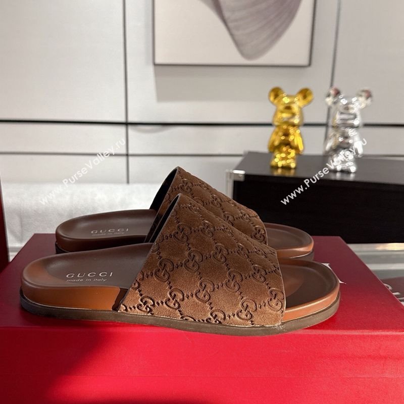 Gucci GG Suede Flat Slides Sandal with Wide Strap Brown 2025 ‎834941 (MD-250423095)