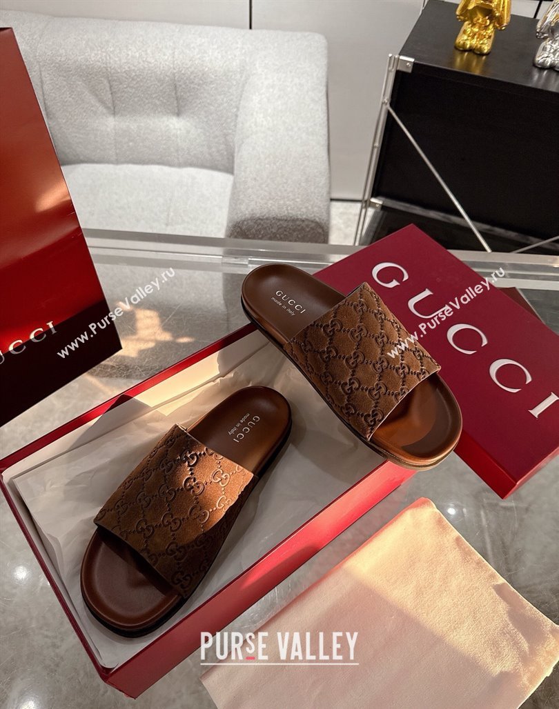 Gucci GG Suede Flat Slides Sandal with Wide Strap Brown 2025 ‎834941 (MD-250423095)