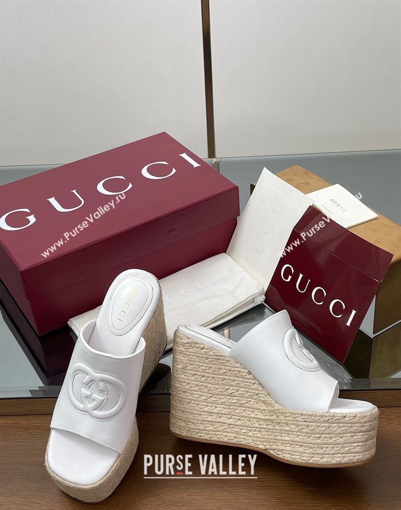 Gucci Leather Interlocking G Wedge Slides Sandal 11cm White 2025 817212 (MD-250423010)