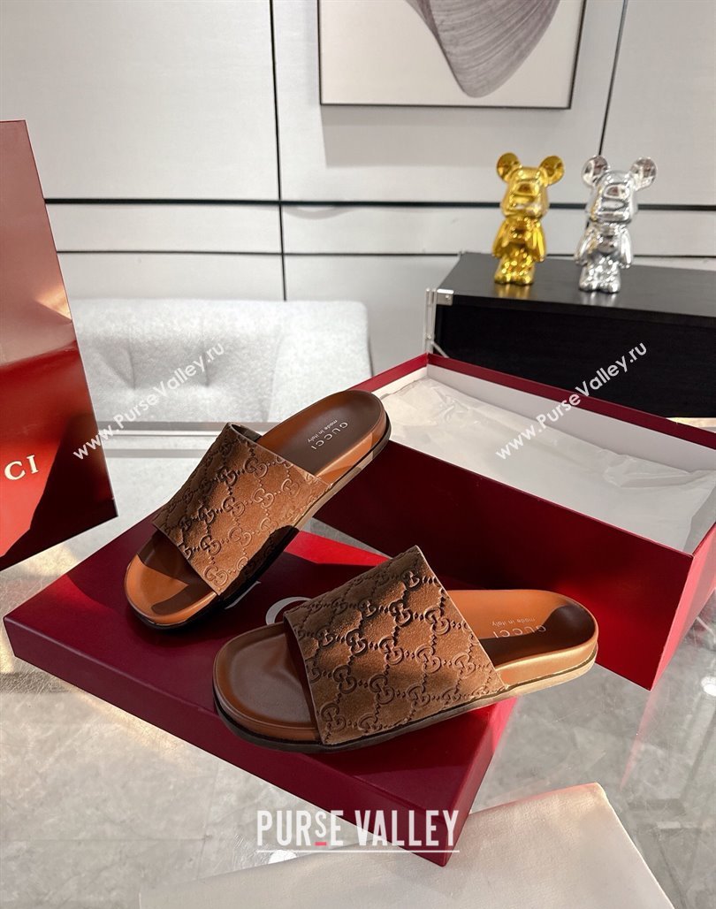 Gucci GG Suede Flat Slides Sandal with Wide Strap Brown 2025 ‎834941 (MD-250423095)