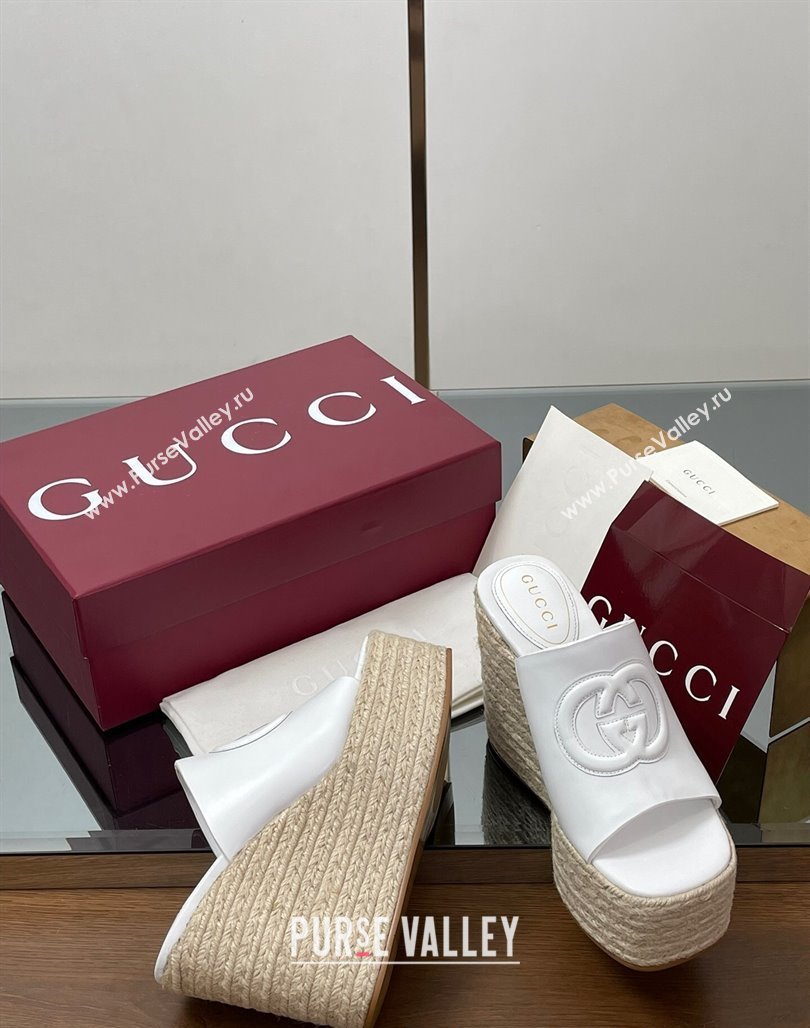 Gucci Leather Interlocking G Wedge Slides Sandal 11cm White 2025 817212 (MD-250423010)