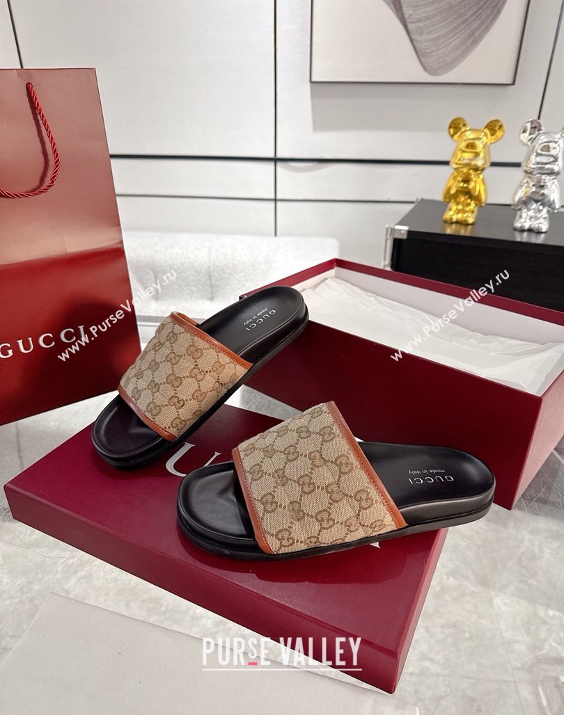 Gucci GG Padded Canvas Flat Slides Sandal with Wide Strap Beige 2025 ‎‎838089 (MD-250423097)