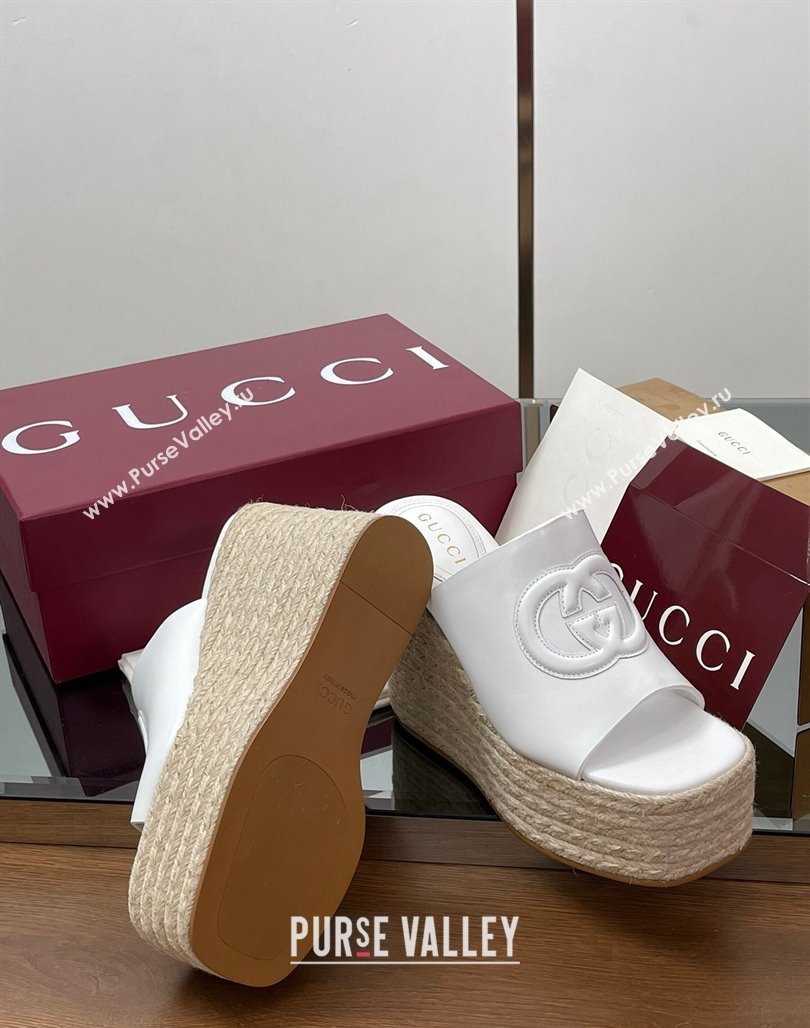 Gucci Leather Interlocking G Wedge Slides Sandal 11cm White 2025 817212 (MD-250423010)