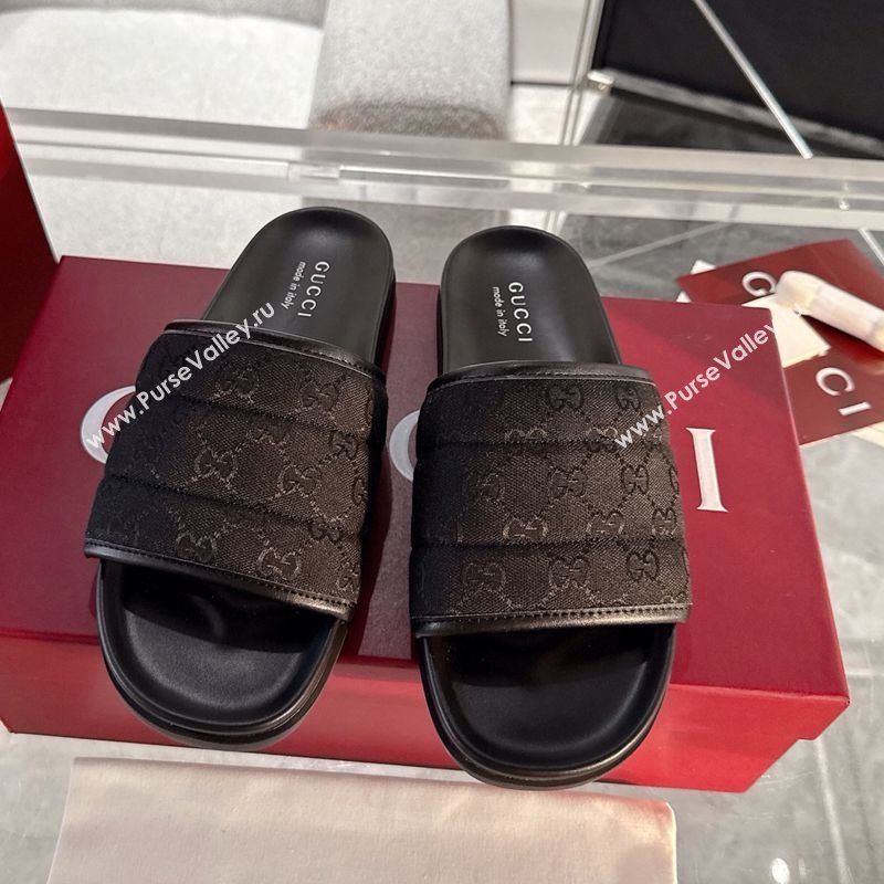 Gucci GG Padded Canvas Flat Slides Sandal with Wide Strap Black 2025 ‎‎838089 (MD-250423098)