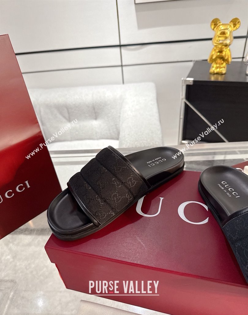 Gucci GG Padded Canvas Flat Slides Sandal with Wide Strap Black 2025 ‎‎838089 (MD-250423098)