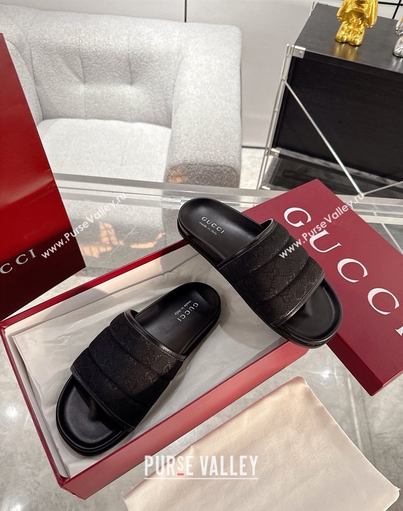Gucci GG Padded Canvas Flat Slides Sandal with Wide Strap Black 2025 ‎‎838089 (MD-250423098)