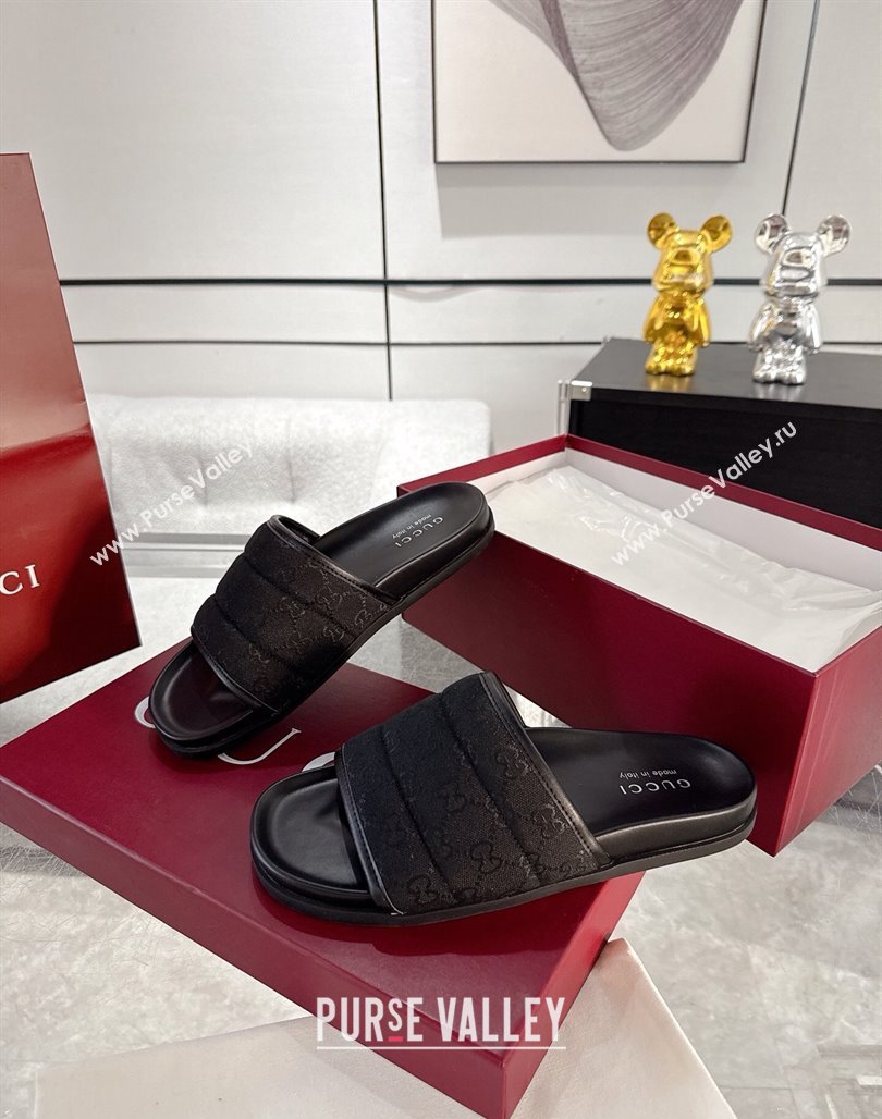 Gucci GG Padded Canvas Flat Slides Sandal with Wide Strap Black 2025 ‎‎838089 (MD-250423098)