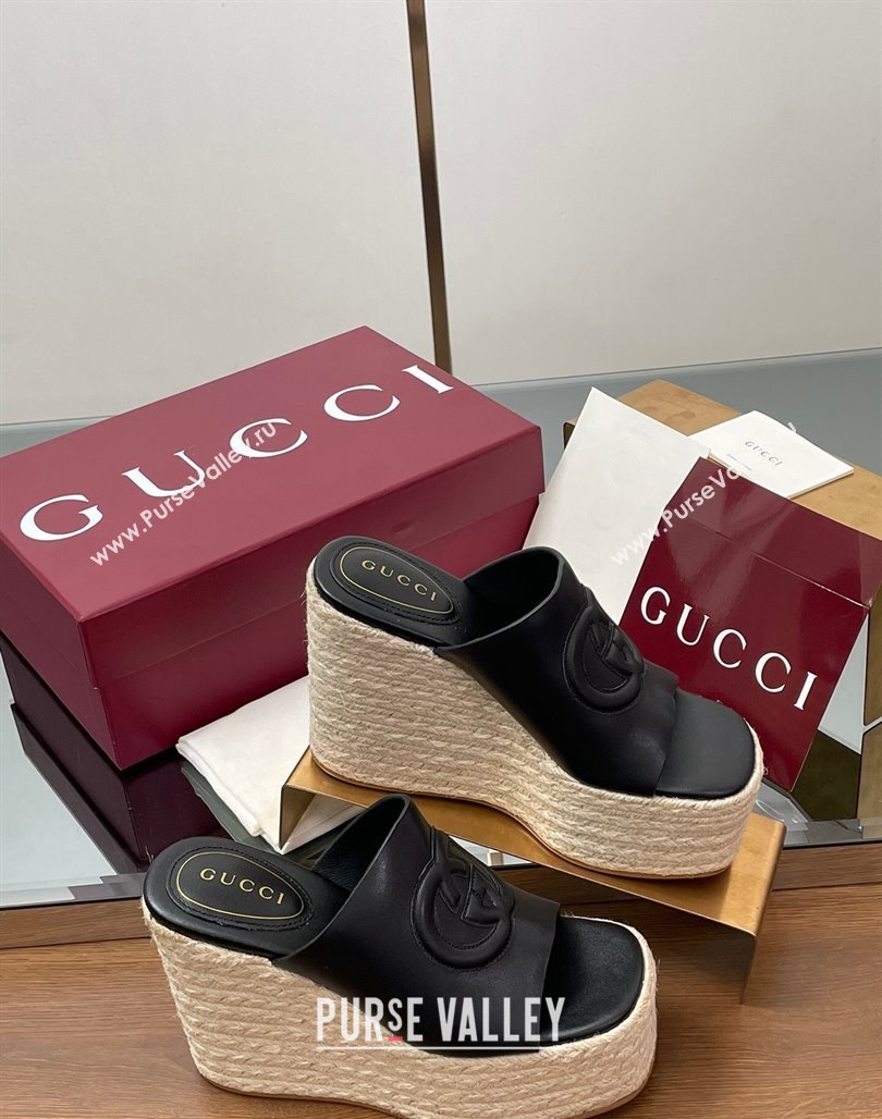Gucci Leather Interlocking G Wedge Slides Sandal 11cm Black 2025 817212 (MD-250423011)