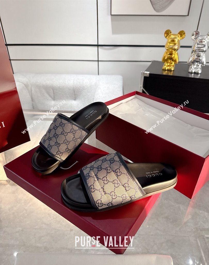 Gucci GG Padded Canvas Flat Slides Sandal with Wide Strap Grey 2025 ‎‎838089 (MD-250423099)
