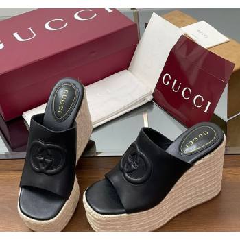 Gucci Leather Interlocking G Wedge Slides Sandal 11cm Black 2025 817212 (MD-250423011)