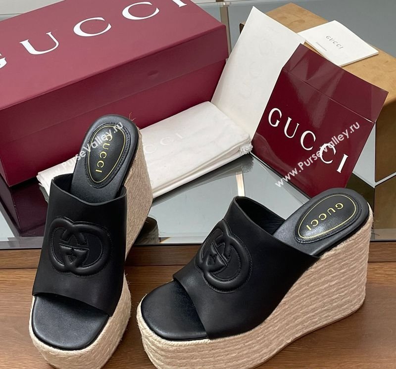 Gucci Leather Interlocking G Wedge Slides Sandal 11cm Black 2025 817212 (MD-250423011)