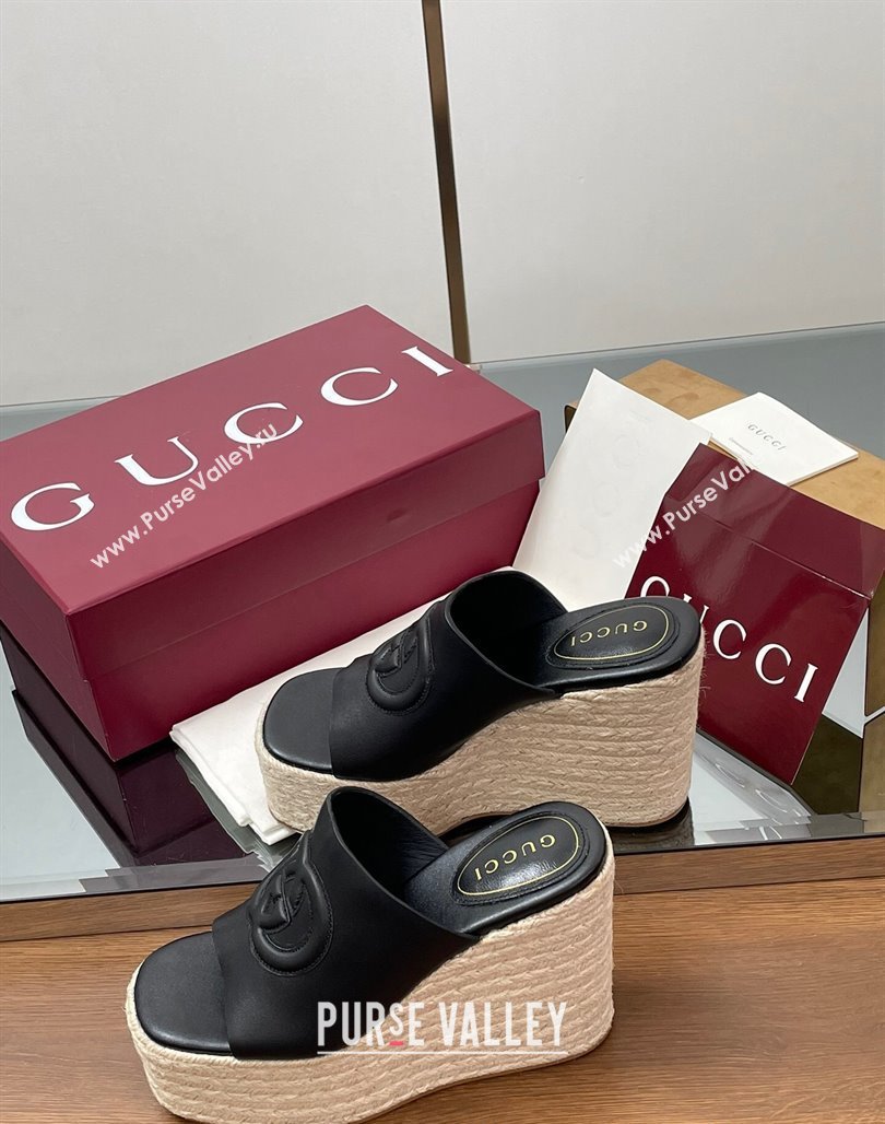 Gucci Leather Interlocking G Wedge Slides Sandal 11cm Black 2025 817212 (MD-250423011)