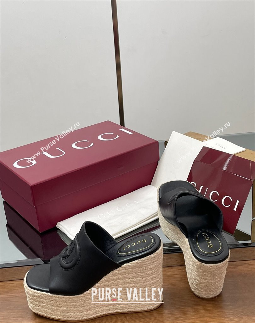 Gucci Leather Interlocking G Wedge Slides Sandal 11cm Black 2025 817212 (MD-250423011)
