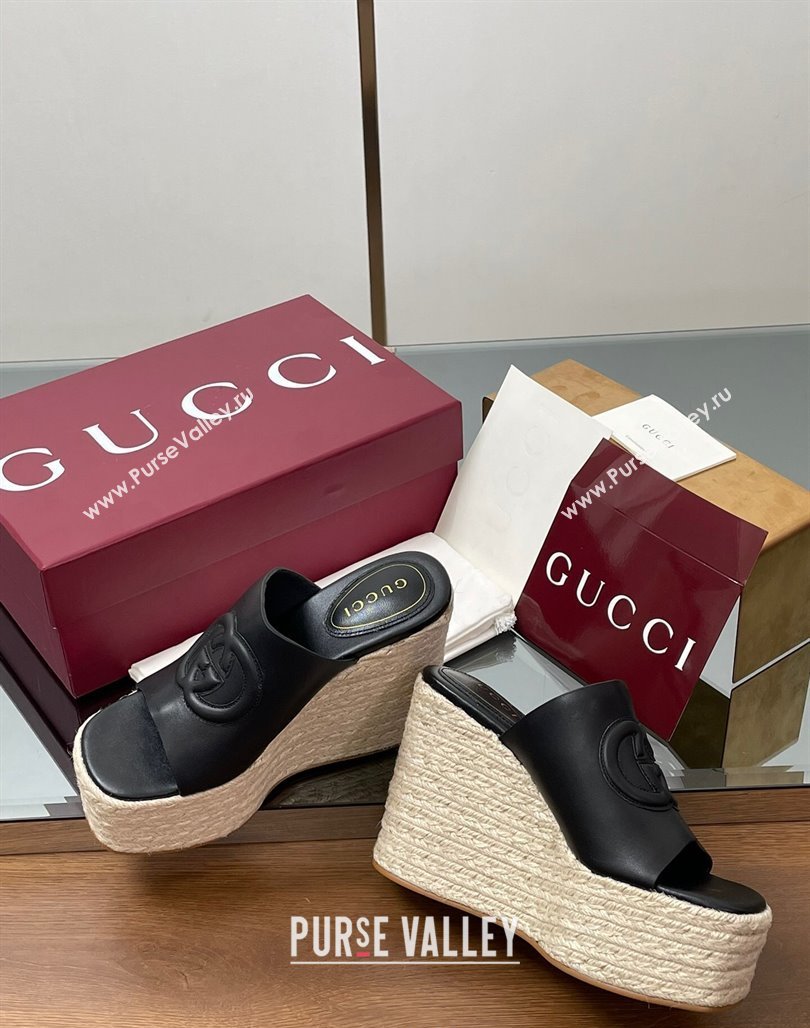 Gucci Leather Interlocking G Wedge Slides Sandal 11cm Black 2025 817212 (MD-250423011)