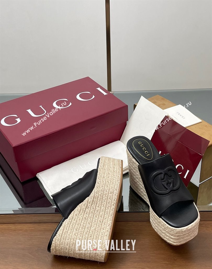 Gucci Leather Interlocking G Wedge Slides Sandal 11cm Black 2025 817212 (MD-250423011)