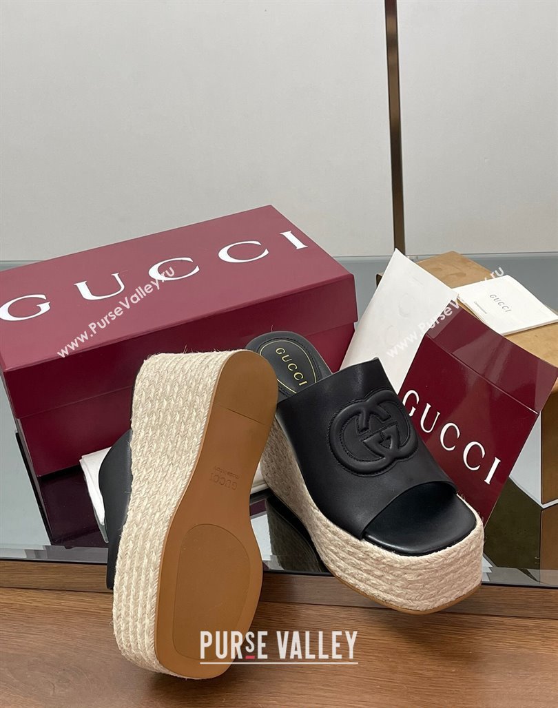 Gucci Leather Interlocking G Wedge Slides Sandal 11cm Black 2025 817212 (MD-250423011)