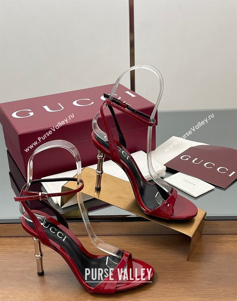 Gucci Patent Leather Sandals 9.5cm with Bamboo-Effect Heel Red 2025 812999 (MD-250423002)