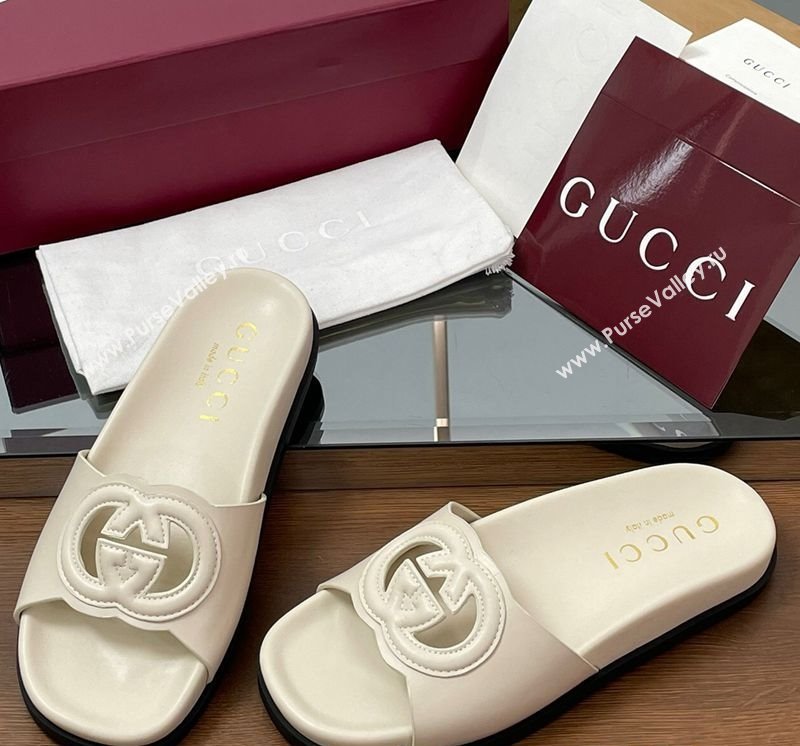 Gucci Leather Interlocking G Flat Slides Sandal Ivory White 2025 816334 (MD-250423015)