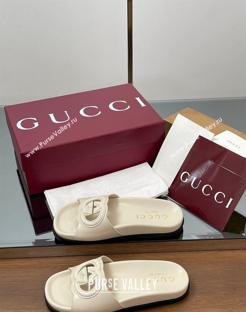 Gucci Leather Interlocking G Flat Slides Sandal Ivory White 2025 816334 (MD-250423015)