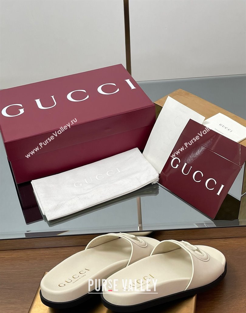 Gucci Leather Interlocking G Flat Slides Sandal Ivory White 2025 816334 (MD-250423015)