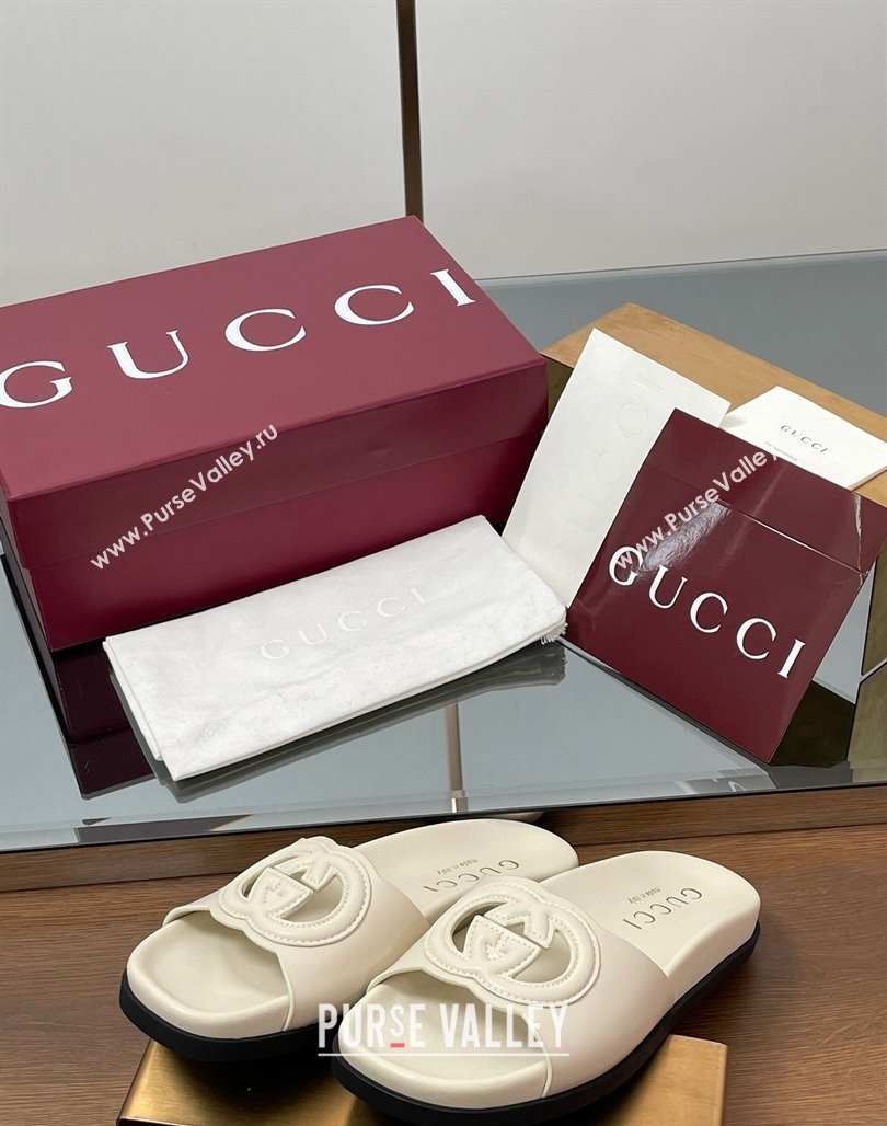 Gucci Leather Interlocking G Flat Slides Sandal Ivory White 2025 816334 (MD-250423015)