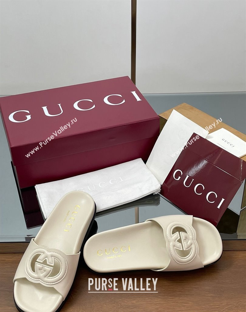 Gucci Leather Interlocking G Flat Slides Sandal Ivory White 2025 816334 (MD-250423015)