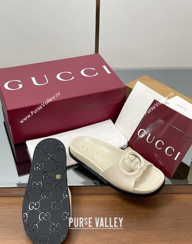 Gucci Leather Interlocking G Flat Slides Sandal Ivory White 2025 816334 (MD-250423015)