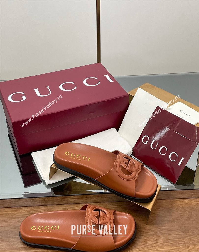 Gucci Leather Interlocking G Flat Slides Sandal Brown 2025 816334 (MD-250423016)