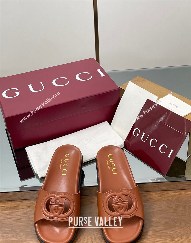 Gucci Leather Interlocking G Flat Slides Sandal Brown 2025 816334 (MD-250423016)
