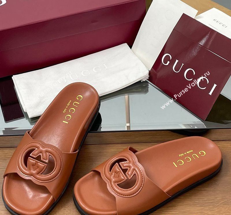 Gucci Leather Interlocking G Flat Slides Sandal Brown 2025 816334 (MD-250423016)