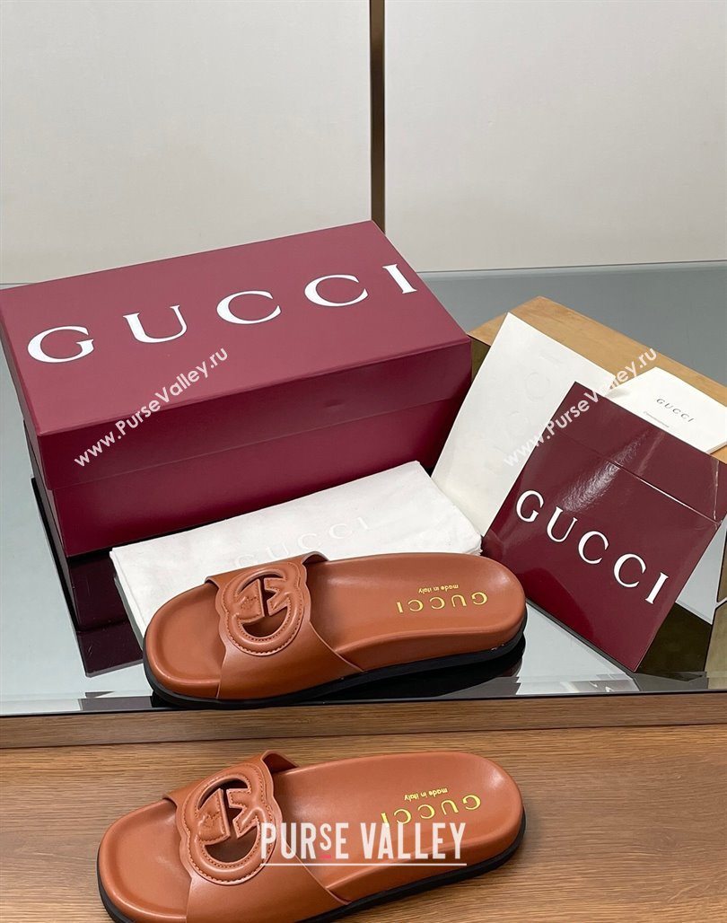Gucci Leather Interlocking G Flat Slides Sandal Brown 2025 816334 (MD-250423016)