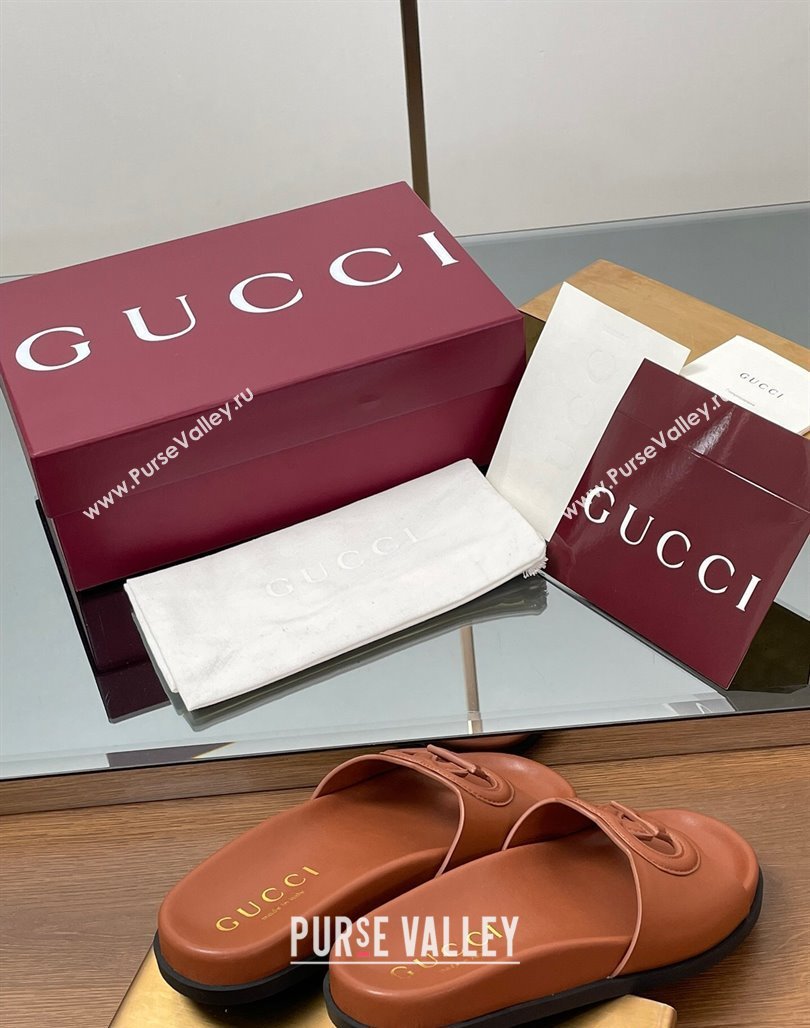 Gucci Leather Interlocking G Flat Slides Sandal Brown 2025 816334 (MD-250423016)