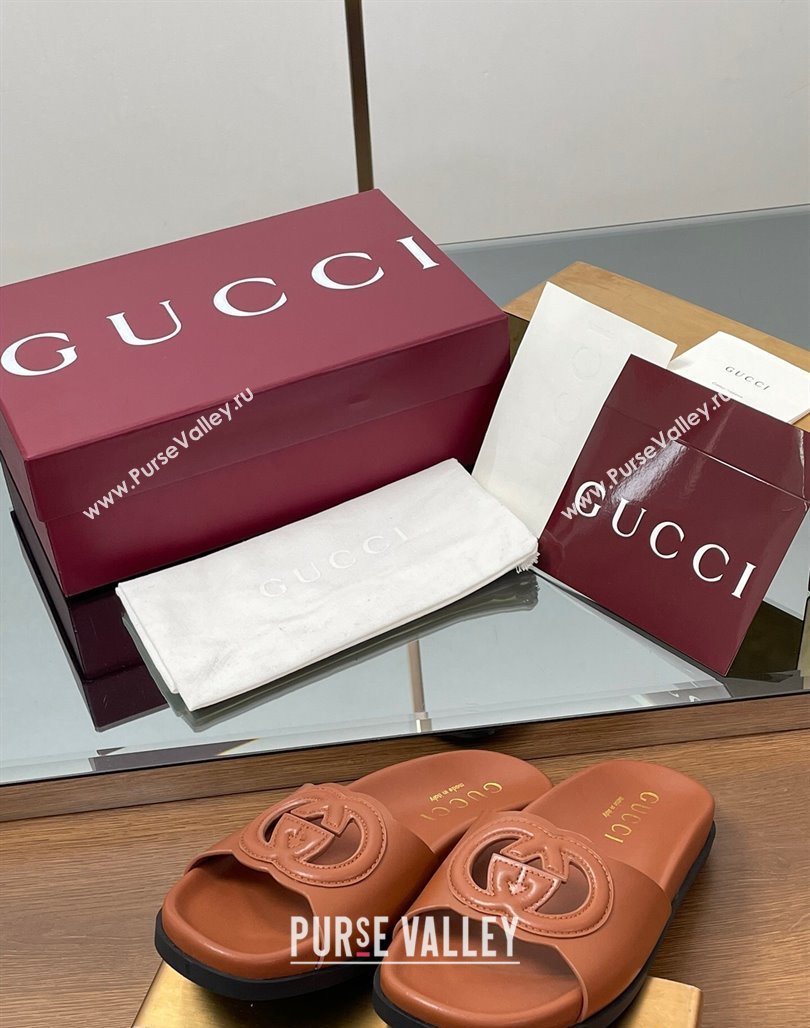 Gucci Leather Interlocking G Flat Slides Sandal Brown 2025 816334 (MD-250423016)